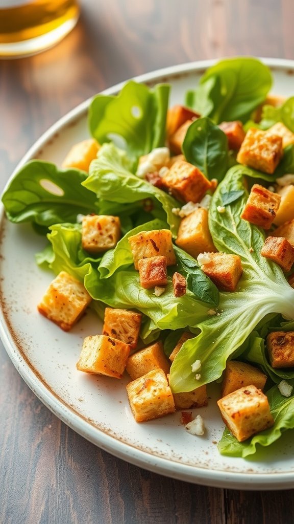 A plate of Tofu Caesar Salad with crispy tofu cubes and fresh greens