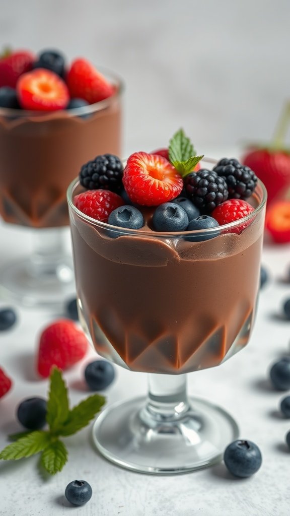 A glass of tofu chocolate mousse topped with fresh berries and mint leaves.