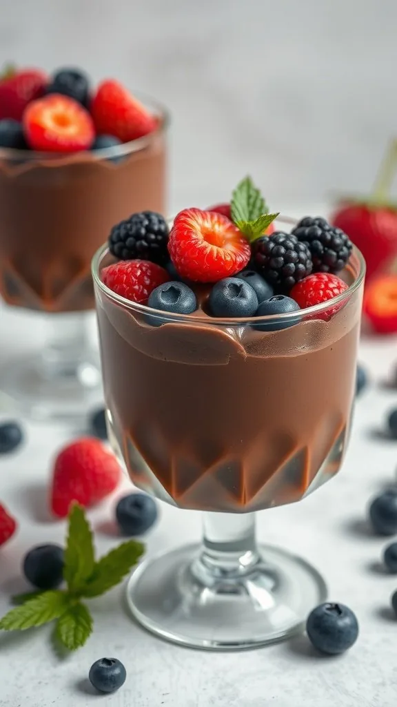 A glass of tofu chocolate mousse topped with fresh berries and mint leaves.