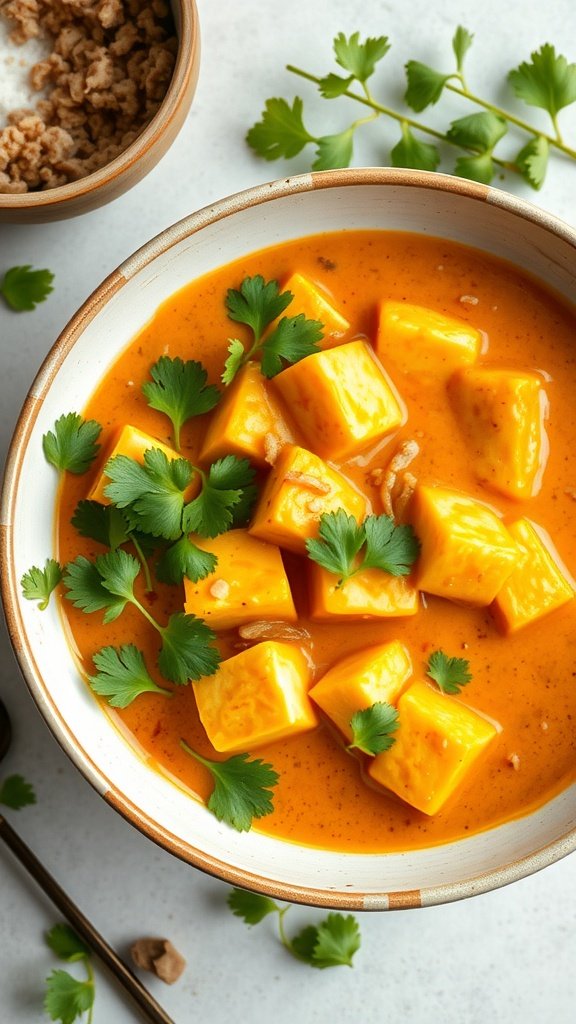 Bowl of tofu curry with coconut milk, topped with fresh cilantro, alongside a bowl of crushed nuts