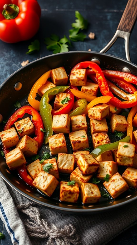 Skillet with sautéed tofu and colorful bell peppers