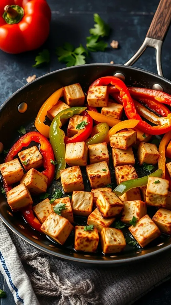 Skillet with sautéed tofu and colorful bell peppers