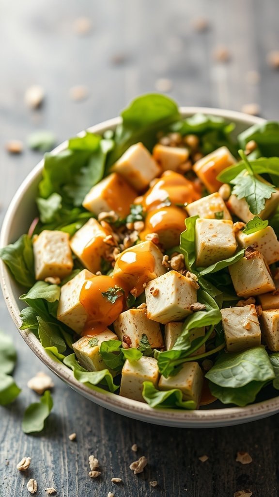 A colorful tofu salad with peanut dressing, featuring fresh greens and cubed tofu.
