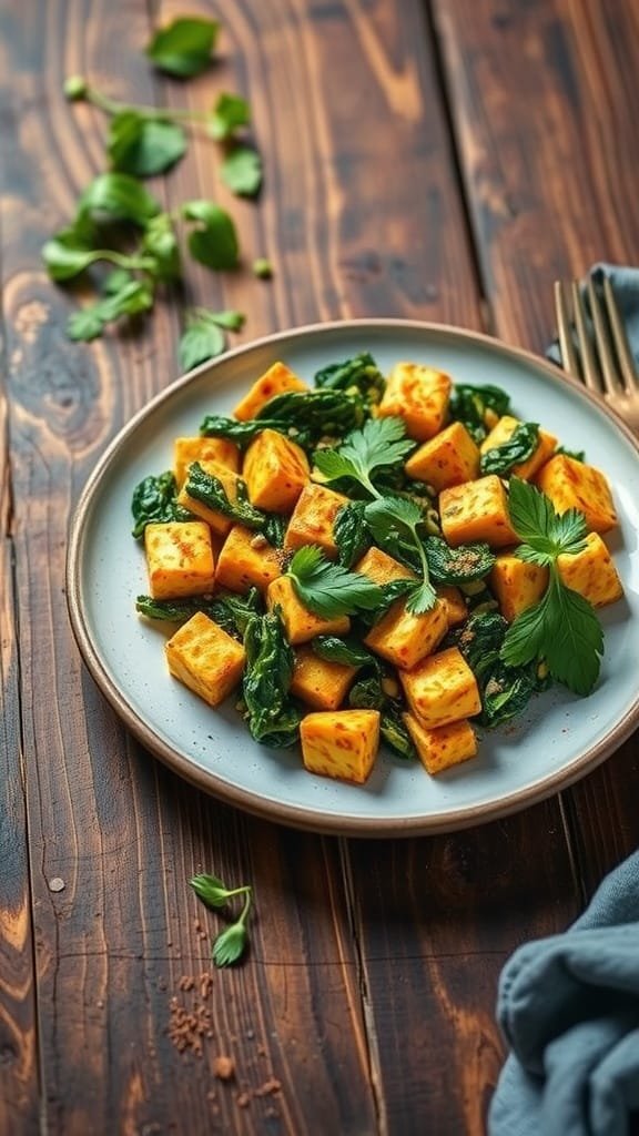 Vegan tofu scramble with spinach on a plate