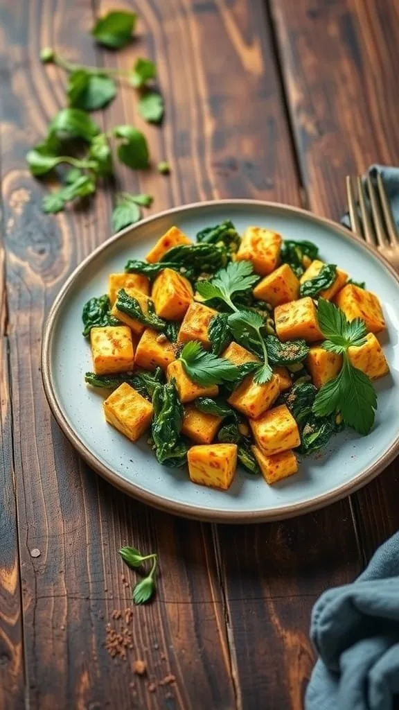 Vegan tofu scramble with spinach on a plate