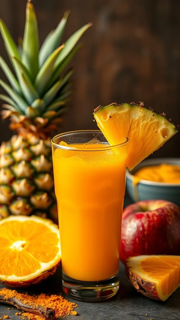 A glass of bright yellow tropical turmeric tonic surrounded by fresh fruits including pineapple, oranges, and apples.