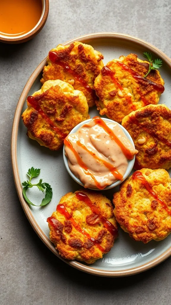 Plate of tuna and corn fritters served with a dipping sauce and garnished with sauce and cilantro.