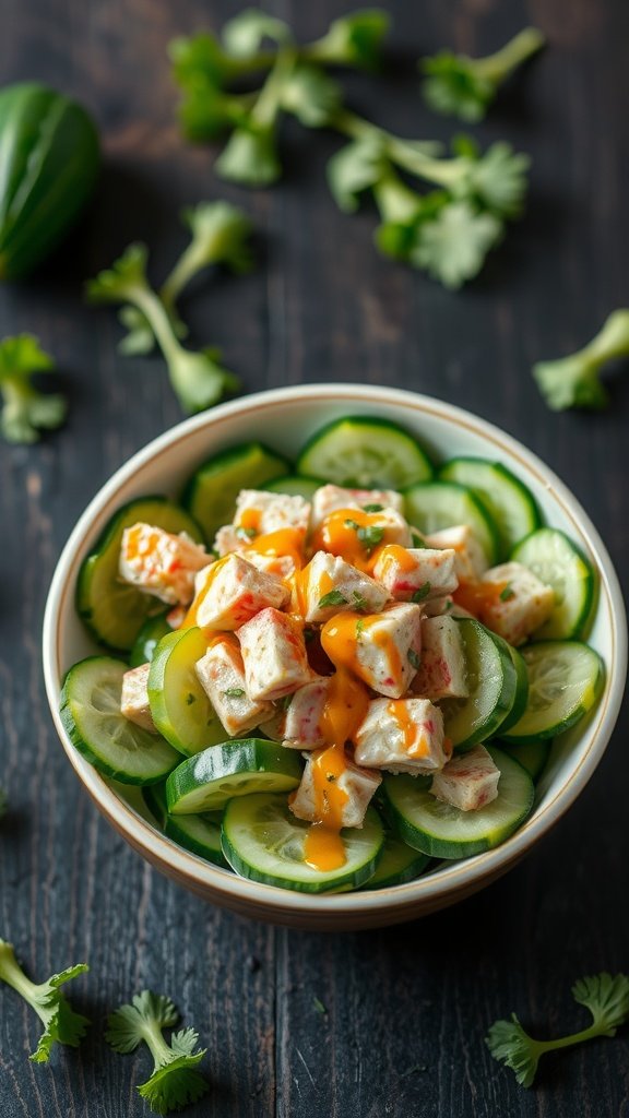 A bowl of Tuna and Cucumber Salad topped with sesame dressing, garnished with cilantro.