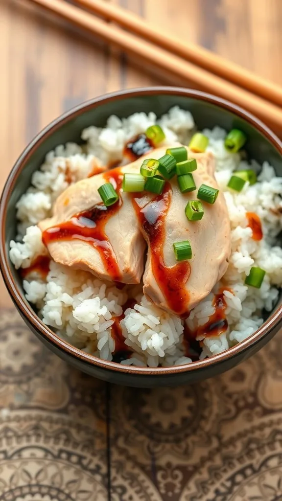 A bowl of tuna and rice topped with soy sauce and green onions
