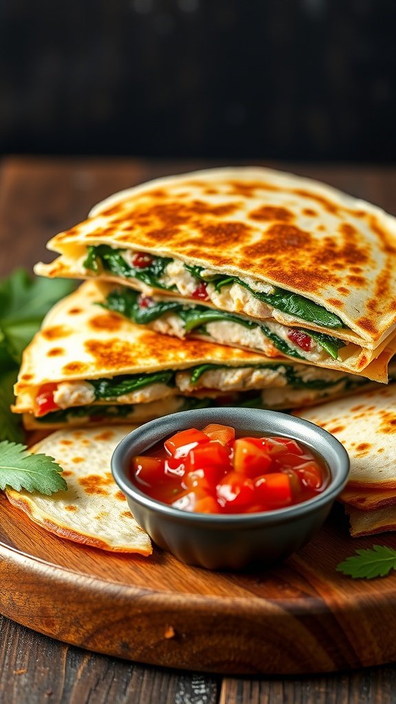 A close-up of tuna and spinach quesadillas on a wooden plate with salsa.