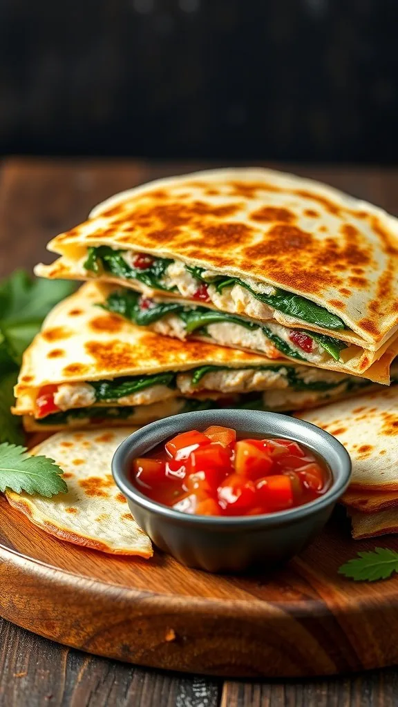 A close-up of tuna and spinach quesadillas on a wooden plate with salsa.