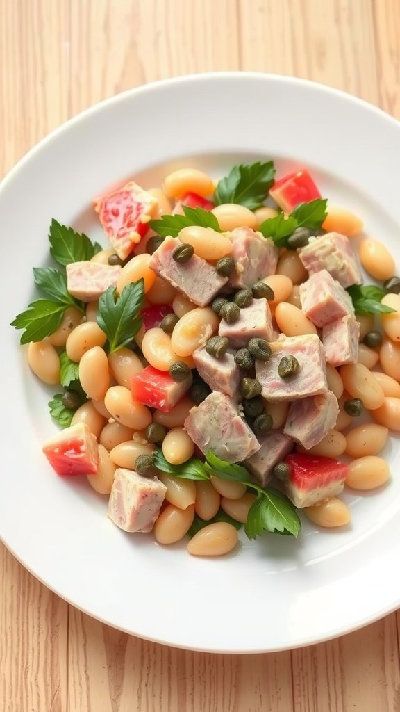 A vibrant Tuna and White Bean Salad on a white plate, featuring white beans, diced tuna, cherry tomatoes, capers, and fresh parsley.