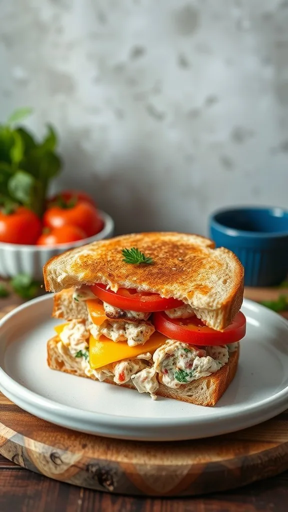 A delicious tuna melt sandwich with cheddar cheese and fresh tomatoes, served on a white plate with a wooden board.
