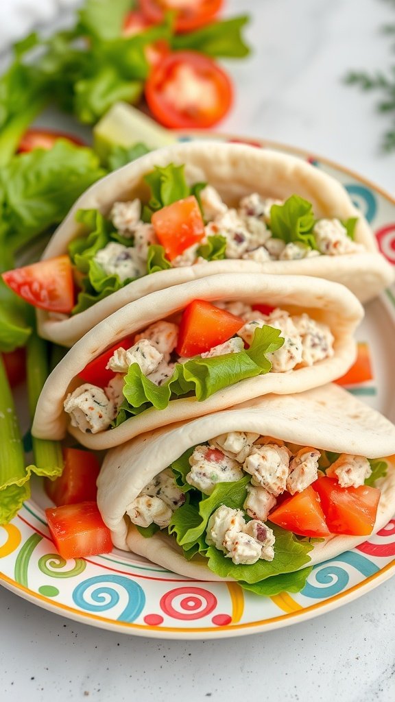 A colorful plate of tuna pita pockets filled with lettuce and tomato, showcasing fresh ingredients.