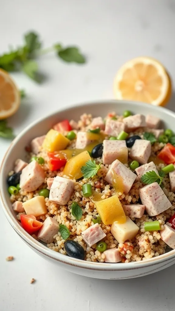 A colorful bowl of tuna quinoa salad with lemon vinaigrette, featuring diced tuna, mango, cherry tomatoes, and olives.