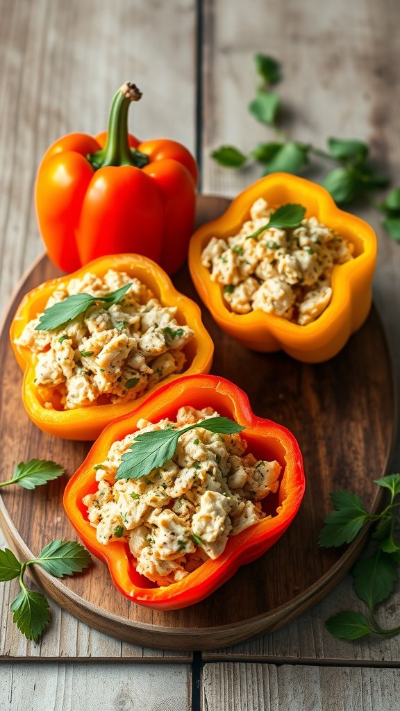 Colorful bell peppers stuffed with a creamy tuna mixture, garnished with herbs.
