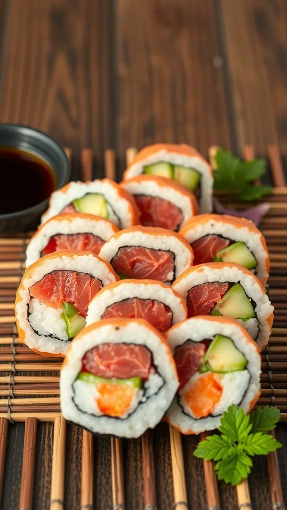 A close-up of tuna sushi rolls on a bamboo mat, featuring colorful ingredients like cucumber and avocado.