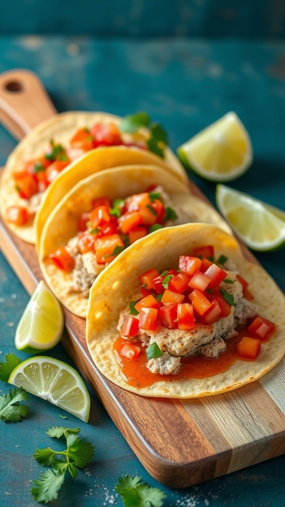 Three tuna tacos topped with fresh salsa, placed on a wooden cutting board with lime wedges and cilantro.