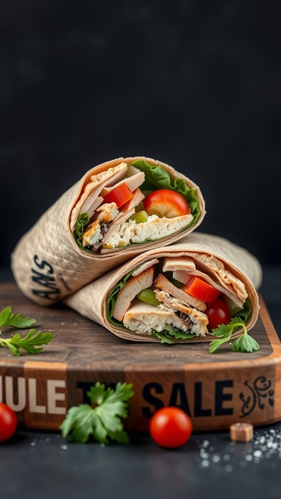 A turkey and hummus wrap with colorful vegetables, such as lettuce, tomatoes, and bell peppers, on a wooden board.