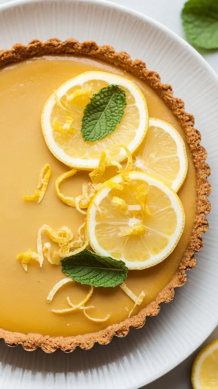 Vegan lemon tart with almond crust topped with lemon slices and mint leaves.