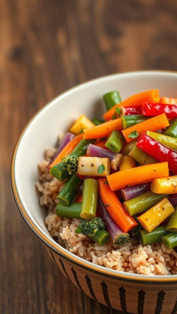A bowl of vegetable stir-fry with brown rice, featuring colorful vegetables like bell peppers, broccoli, and carrots.
