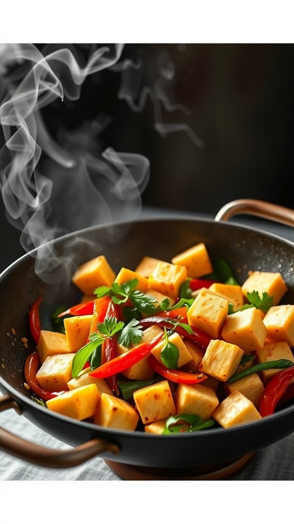 A wok with colorful vegetables and tofu stir-frying, with steam rising.