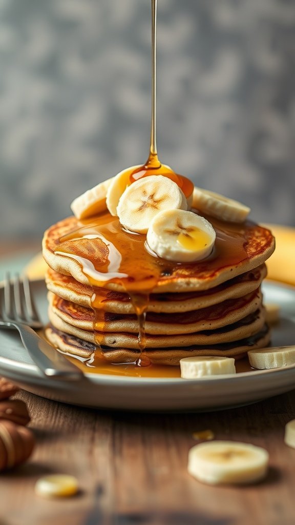 Stack of whole wheat banana pancakes topped with banana slices and syrup