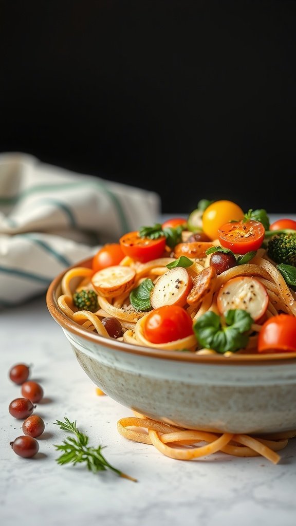 A bowl of whole wheat pasta primavera with colorful cherry tomatoes, broccoli, and herbs.