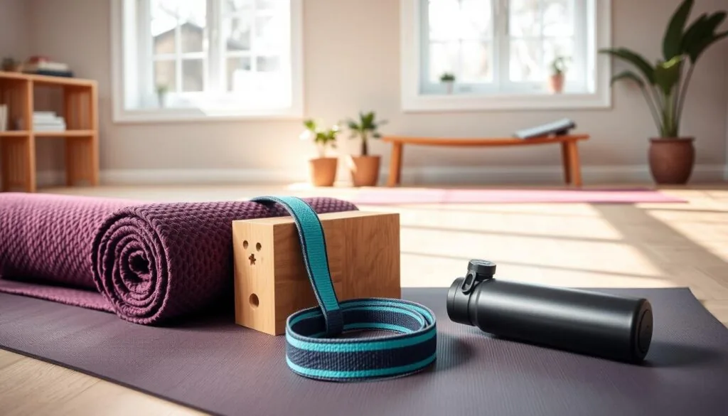 Rolled yoga mat, yoga block, strap and water bottle on a wood floor