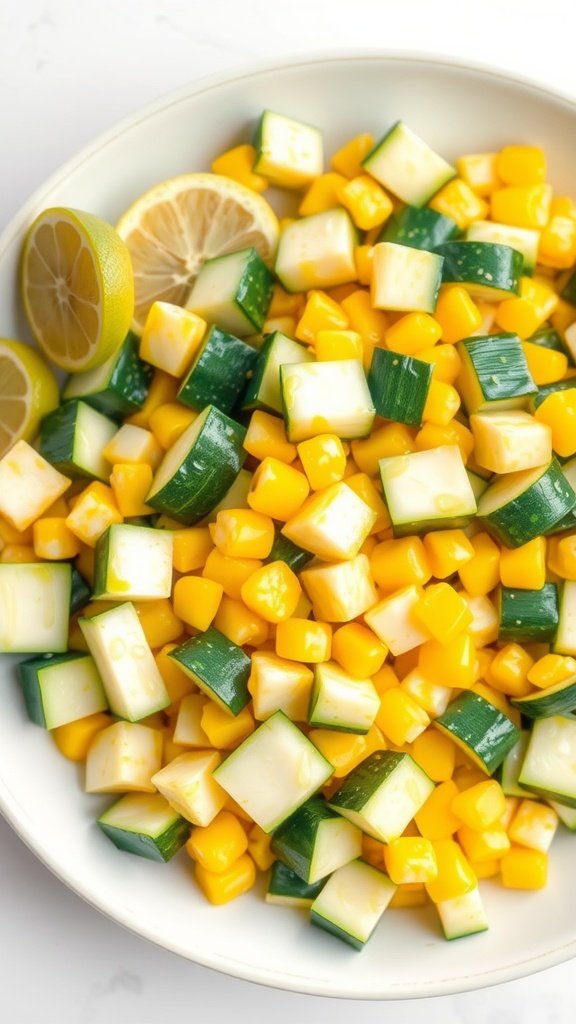 A bowl of zucchini and corn salad with lemon slices