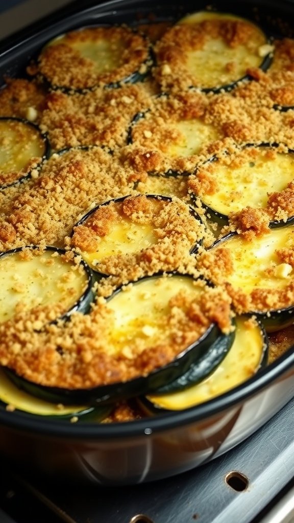 A delicious zucchini and eggplant gratin topped with breadcrumbs, baked to a crispy golden brown.