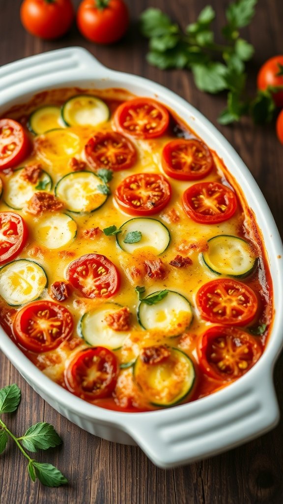 A creamy zucchini and tomato gratin with layers of zucchini and tomatoes topped with melted cheese in a white baking dish.