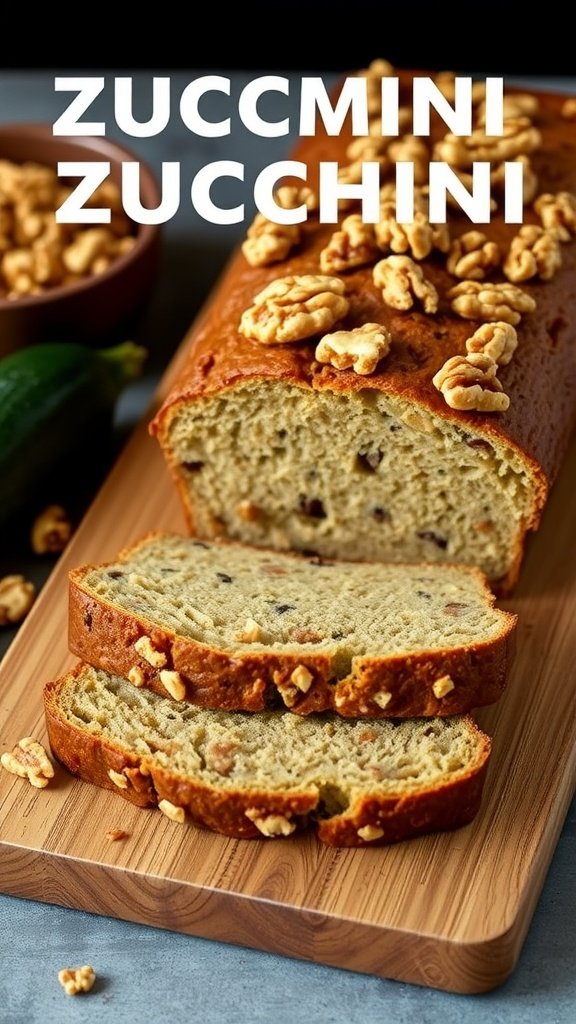 A loaf of zucchini bread with walnuts on top, sliced and displayed on a wooden board with a whole zucchini in the background.