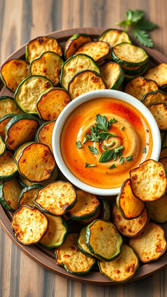 A platter of crispy zucchini chips arranged around a bowl of creamy herb dip.