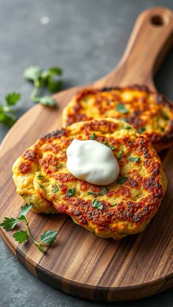 Golden zucchini fritters on a wooden platter with sour cream and cilantro.