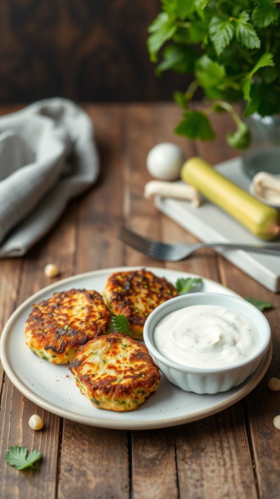 Plate of zucchini fritters served with tzatziki sauce on a wooden table