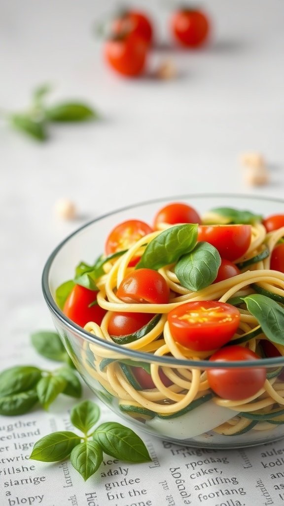 A bowl of zucchini noodle salad with cherry tomatoes and basil