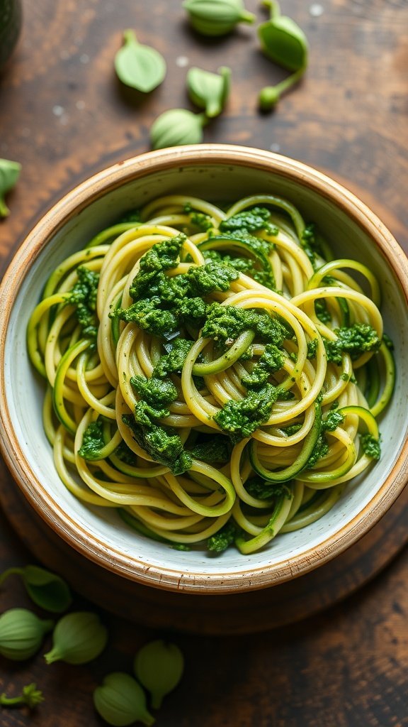 A bowl of zucchini noodles topped with vibrant green pesto, surrounded by fresh basil leaves.