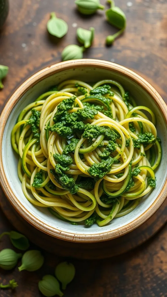 A bowl of zucchini noodles topped with vibrant green pesto, surrounded by fresh basil leaves.