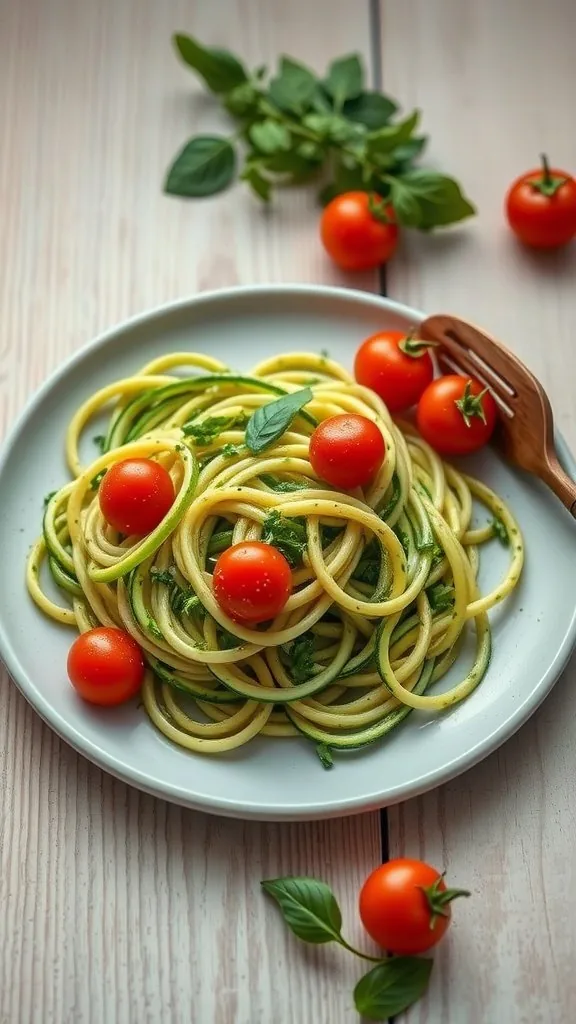 A plate of zucchini noodles topped with pesto and cherry tomatoes, garnished with fresh basil.