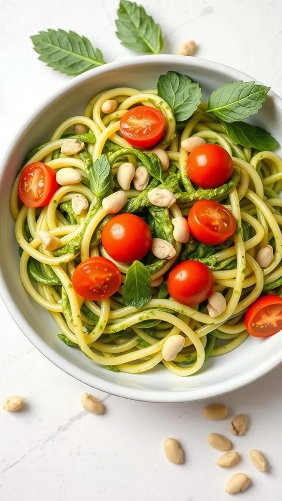 Bowl of zucchini noodles with pesto, cherry tomatoes, and peanuts.
