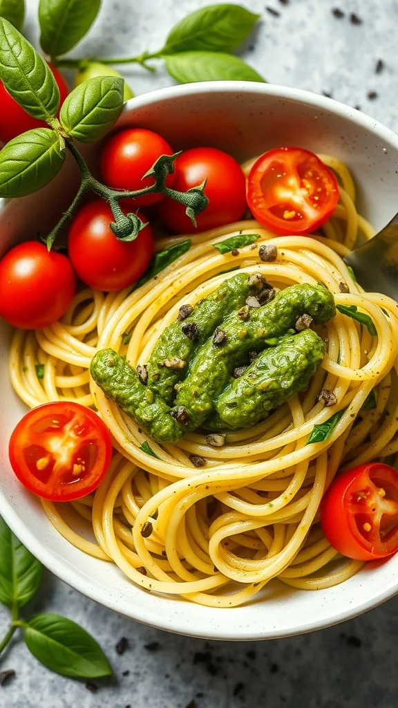 A bowl of zucchini noodles topped with pesto sauce and cherry tomatoes