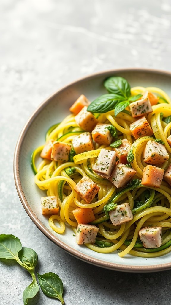 A plate of zucchini noodles topped with tuna and pesto, garnished with fresh basil