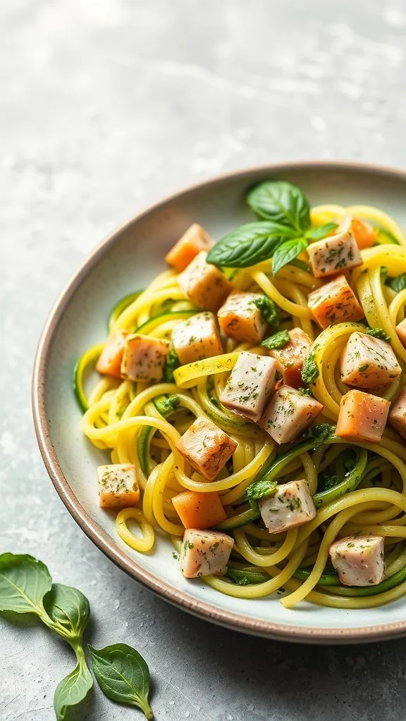 A plate of zucchini noodles topped with tuna and pesto, garnished with fresh basil