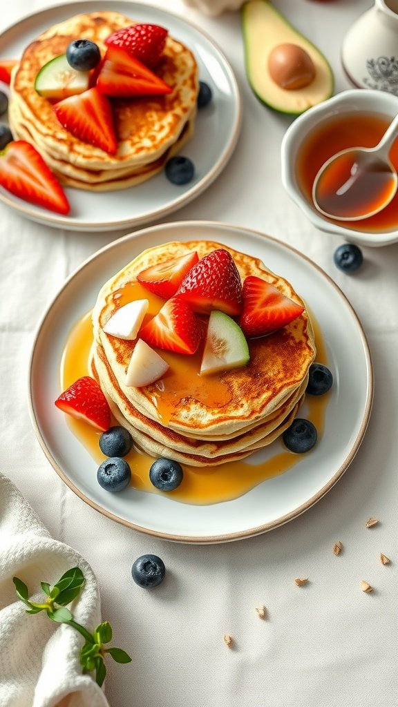 Zucchini pancakes topped with strawberries, blueberries, and maple syrup