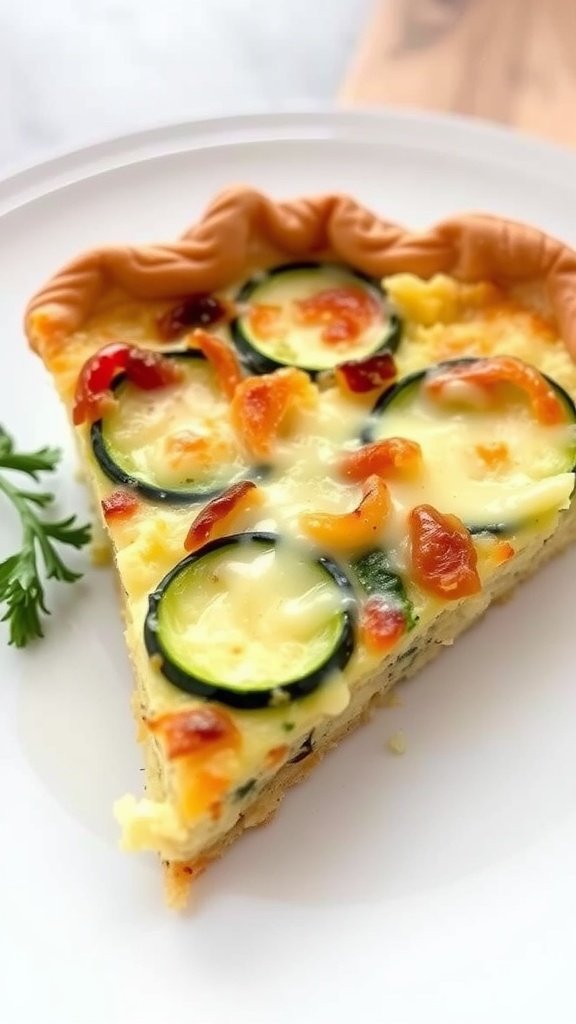 A slice of zucchini quiche with cheese showing green zucchini slices on top, resting on a white plate.