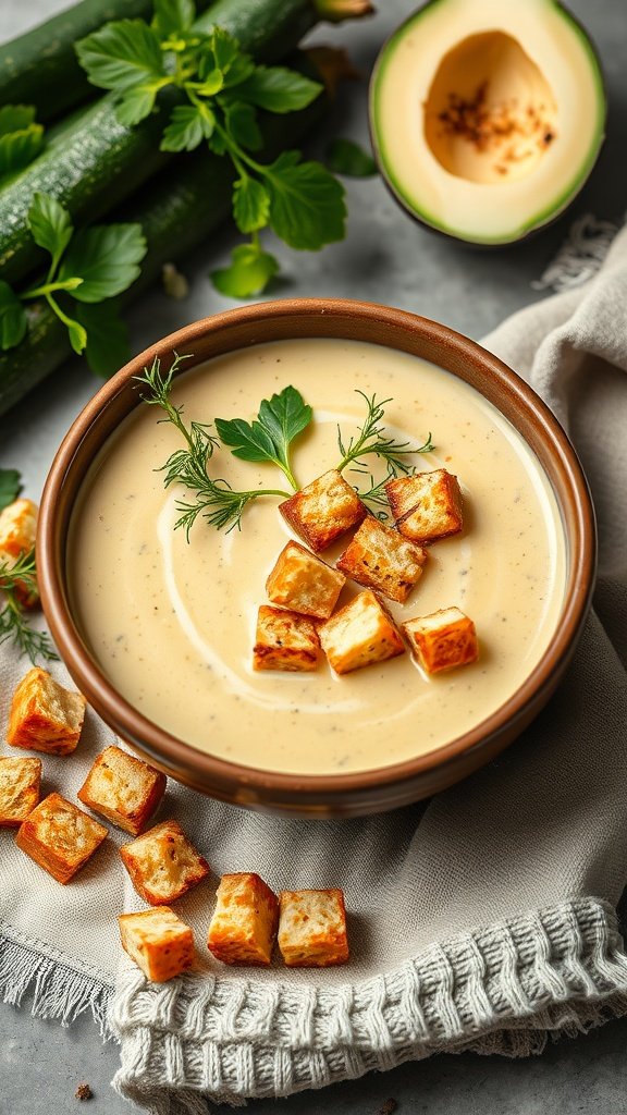 Bowl of creamy zucchini soup topped with croutons and fresh herbs, with fresh zucchini and avocado in the background.